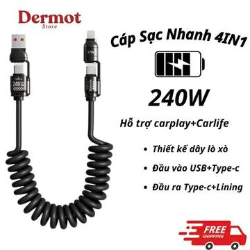 Cáp Sạc Lò Xo Đa Năng BC29 PLUS Sạc Nhanh 240W, Cáp Sạc Nhanh 4 IN 1 Chống Rối, Sạc Nhanh 240W