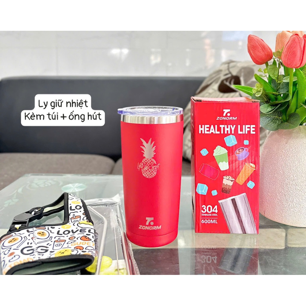LY GIỮ NHIỆT INOX 600ML TẶNG KÈM TÚI + ỐNG HÚT