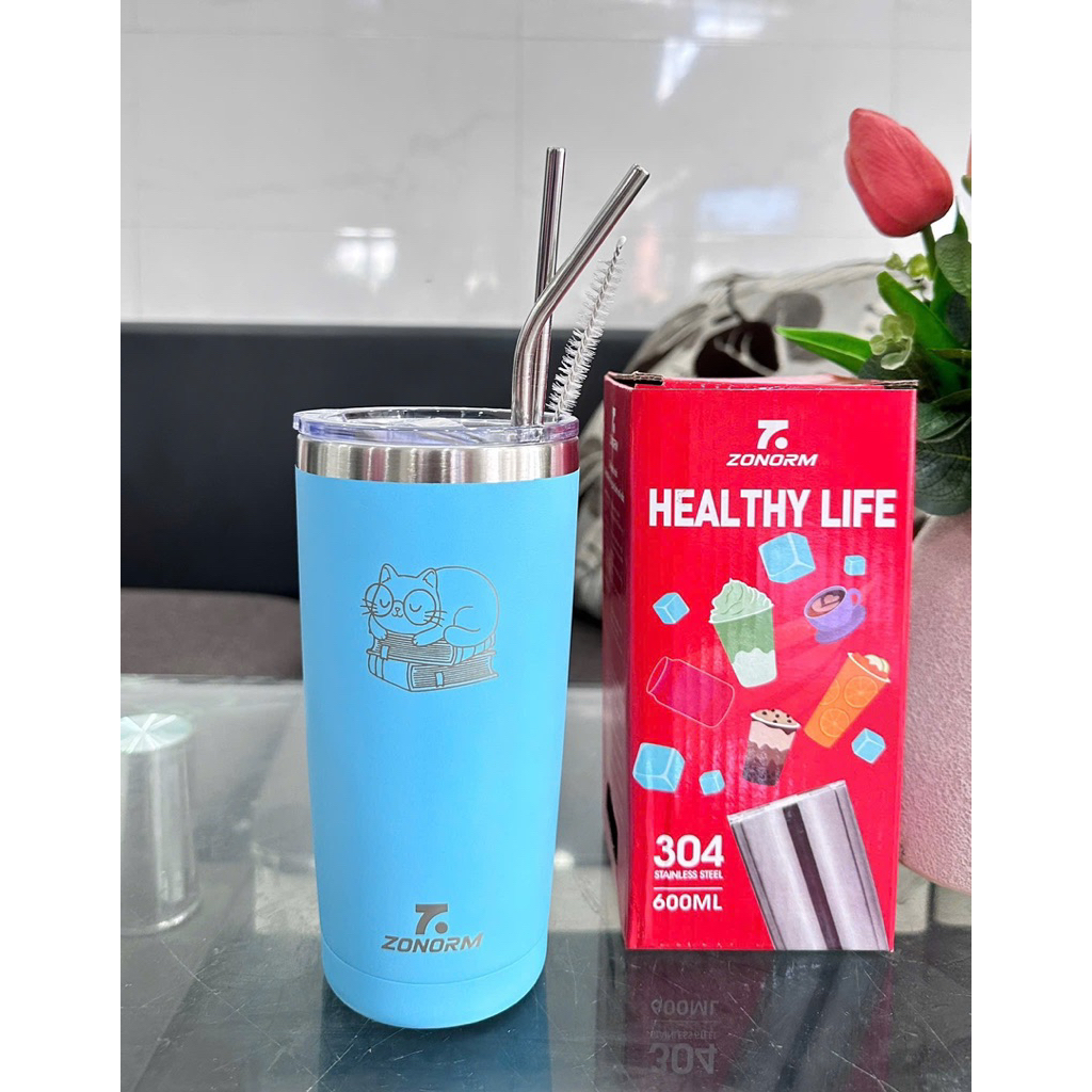 LY GIỮ NHIỆT INOX 600ML TẶNG KÈM TÚI + ỐNG HÚT