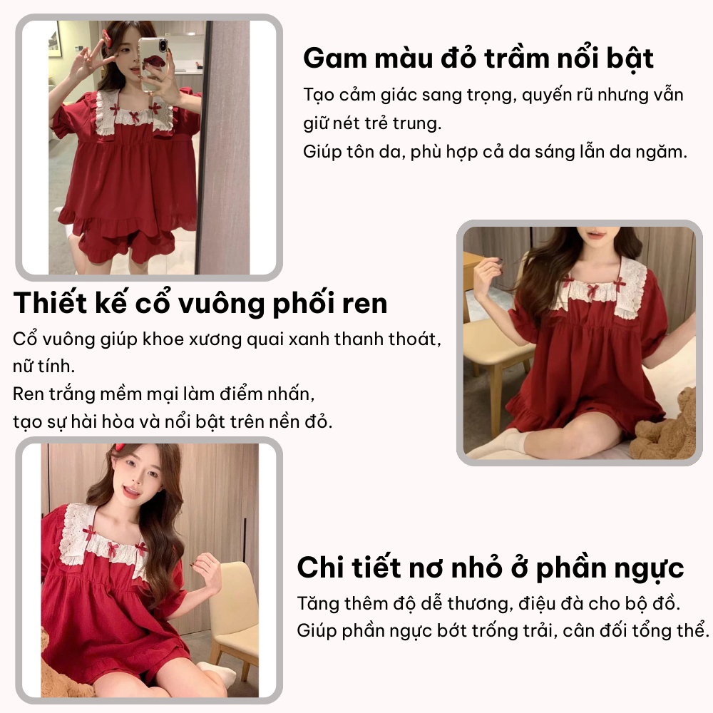 Set đồ ngủ nữ cổ vuông ren bèo nhún tay ngắn, bộ pijama nữ mặc nhà cotton mềm mại thoáng mát màu đỏ hcom25419