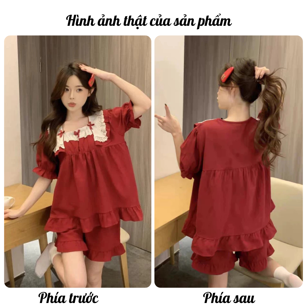 Set đồ ngủ nữ cổ vuông ren bèo nhún tay ngắn, bộ pijama nữ mặc nhà cotton mềm mại thoáng mát màu đỏ hcom25419