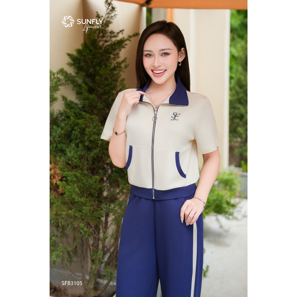SFB3105 Set đồ nữ poly cotton 2da áo cộc tay kéo khóa không mũ quần dài