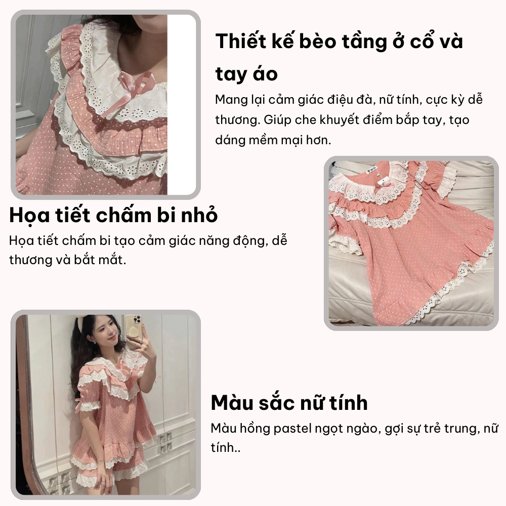 Set đồ ngủ nữ tay ngắn bèo nhún viền ren họa tiết chấm bi, bộ pijama nữ mặc nhà màu hồng xinh xắn thoáng mát hcom25149