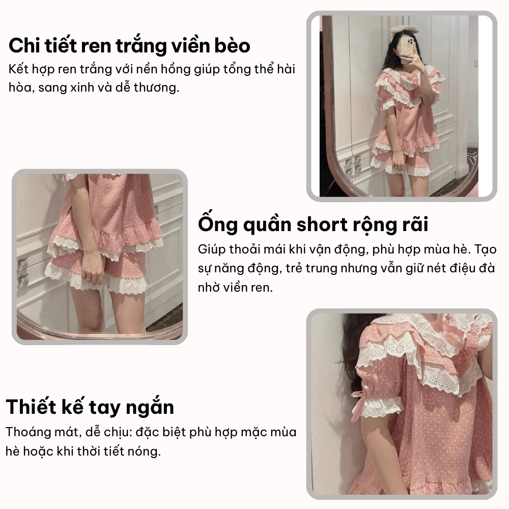 Set đồ ngủ nữ tay ngắn bèo nhún viền ren họa tiết chấm bi, bộ pijama nữ mặc nhà màu hồng xinh xắn thoáng mát hcom25149