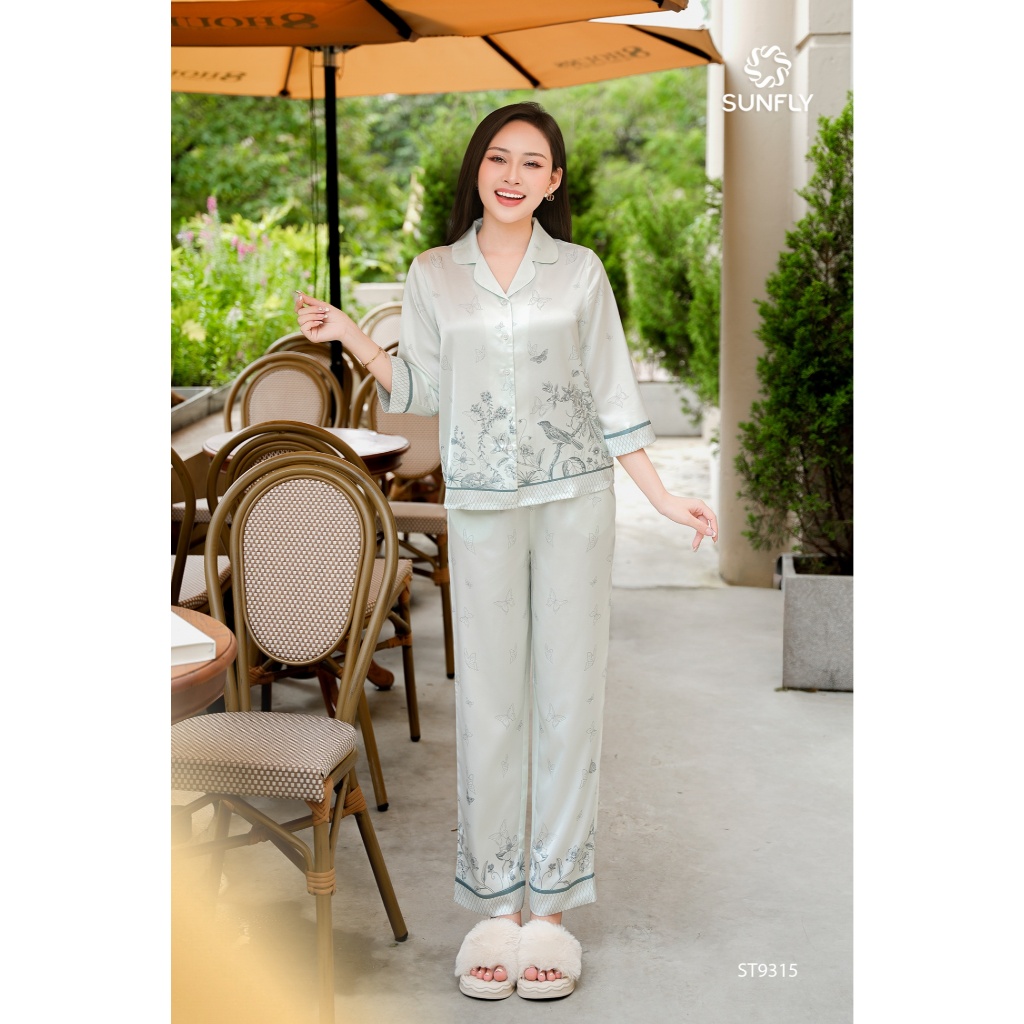 ST9315 Bộ pijama nữ lụa latin áo tay lỡ quần dài