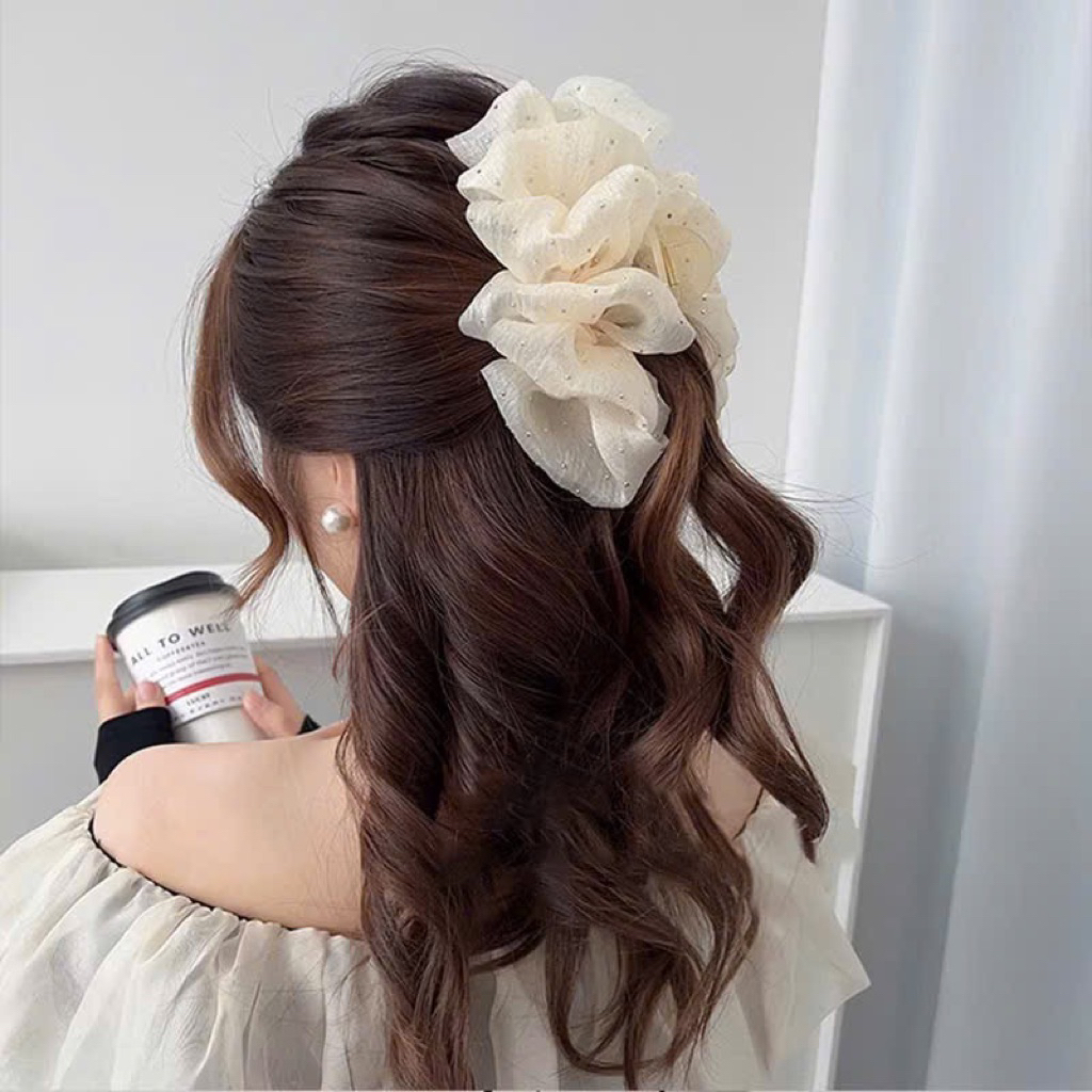 KẸP BẤU TÓC NƠ NHÚN ĐÍNH ĐÁ MÀU KEM