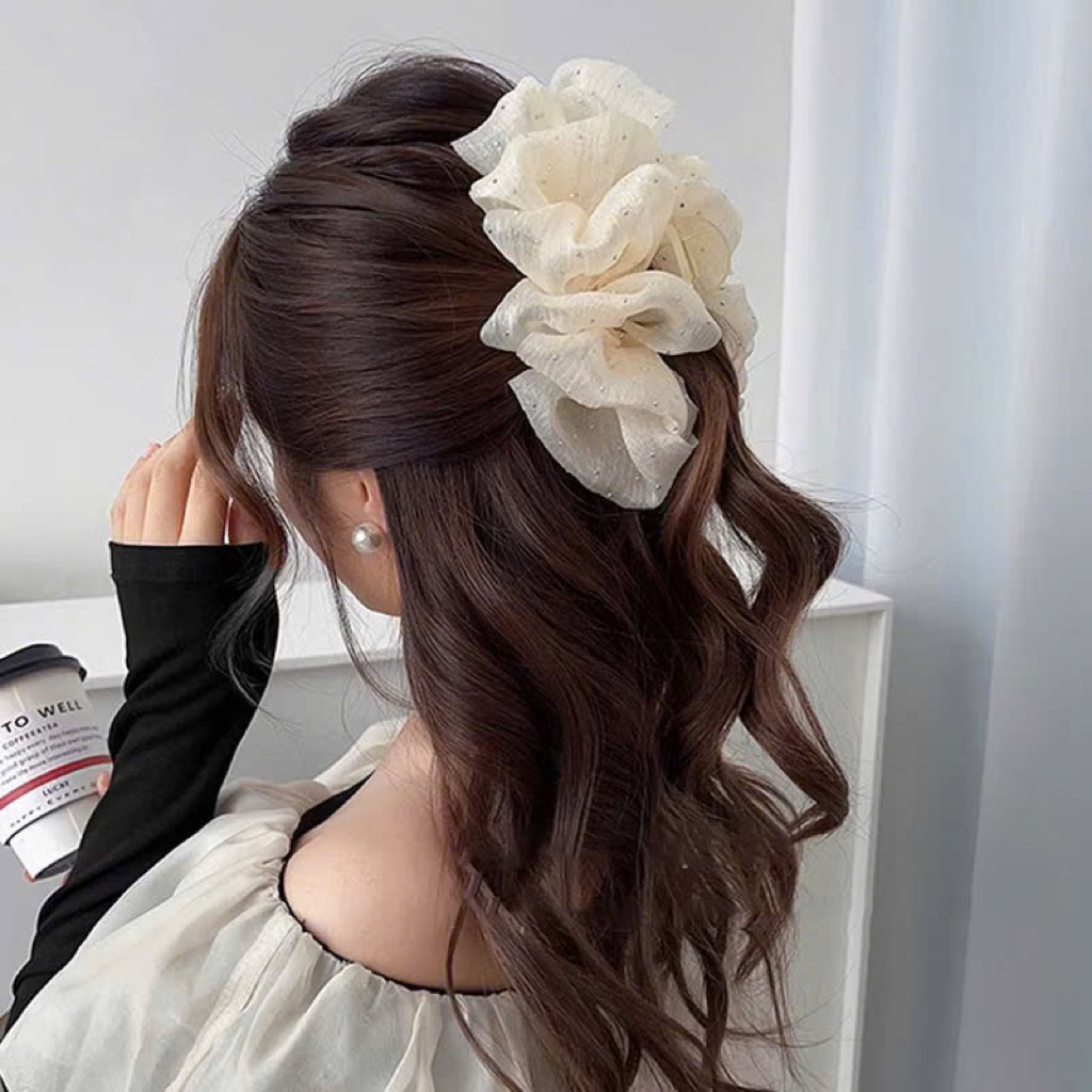 KẸP BẤU TÓC NƠ NHÚN ĐÍNH ĐÁ MÀU KEM