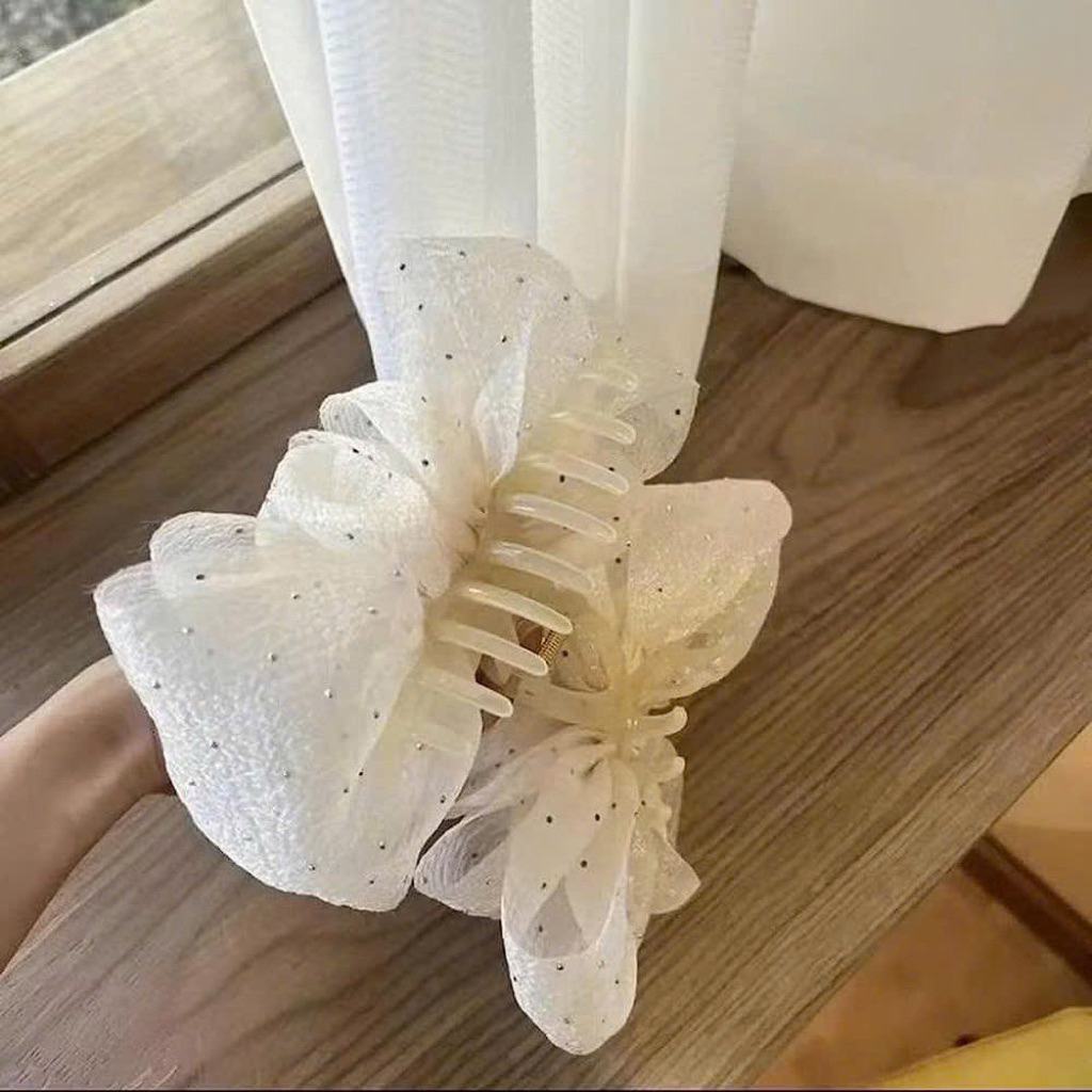KẸP BẤU TÓC NƠ NHÚN ĐÍNH ĐÁ MÀU KEM