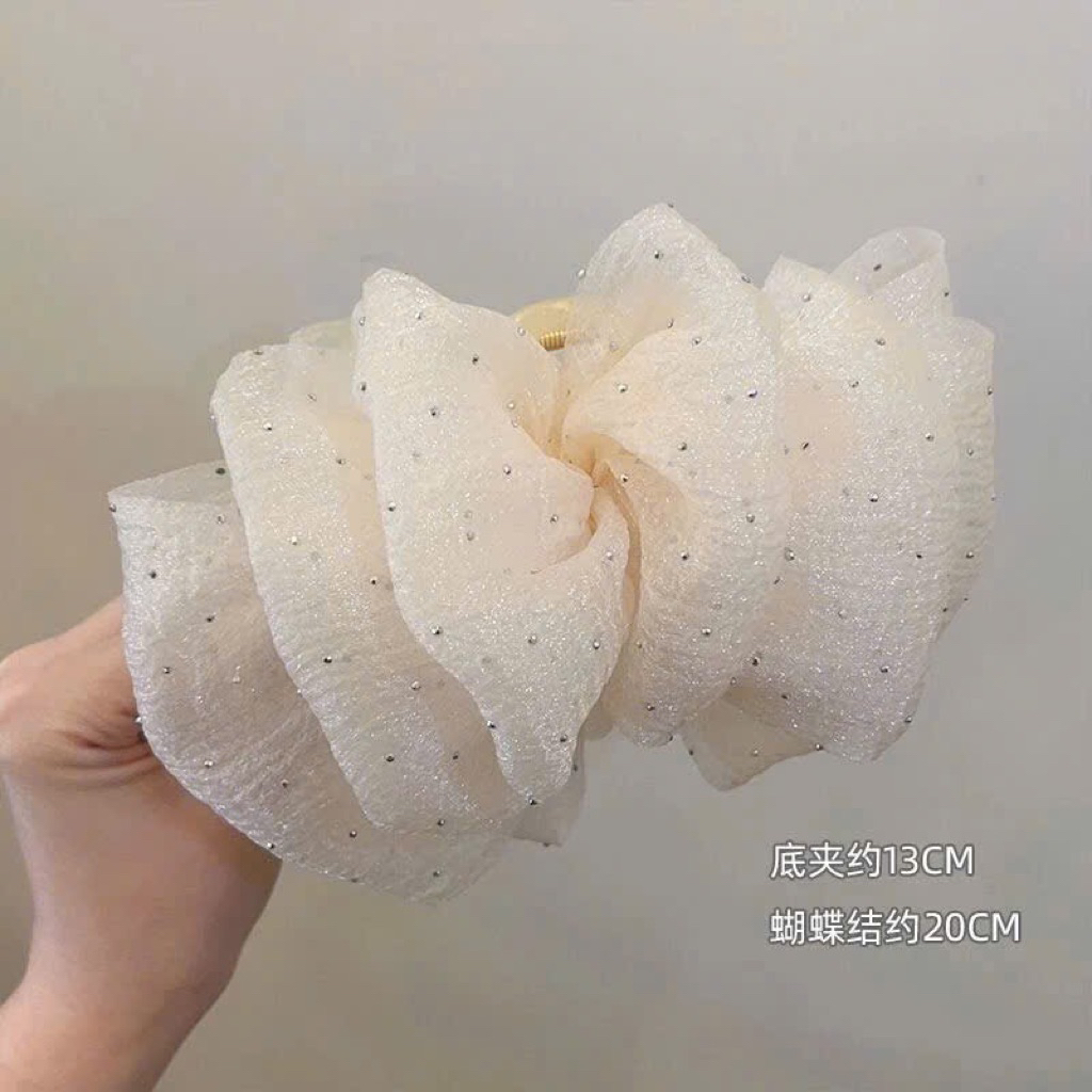KẸP BẤU TÓC NƠ NHÚN ĐÍNH ĐÁ MÀU KEM