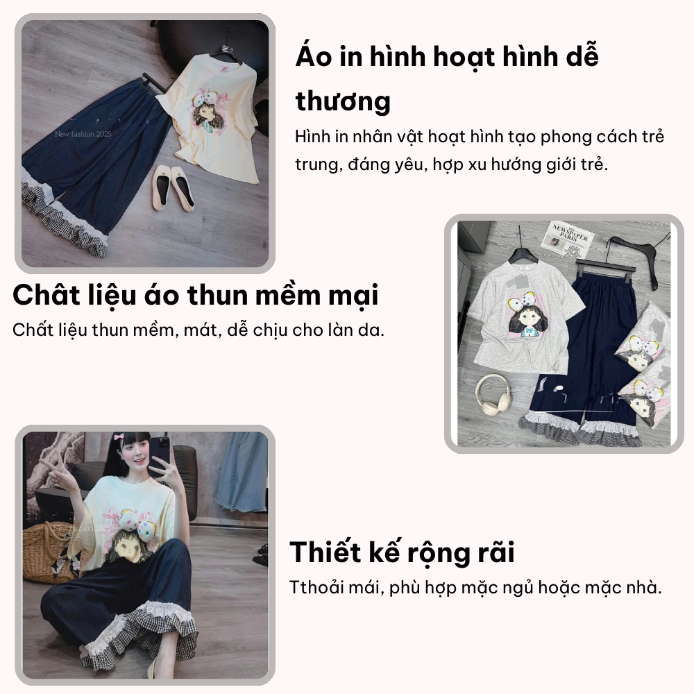 Bộ ngủ cotton nữ cao cấp áo thun in hình cô gái mix quần dài viền bèo caro, bộ pijama nữ mặc nhà dễ thương HCOM25801