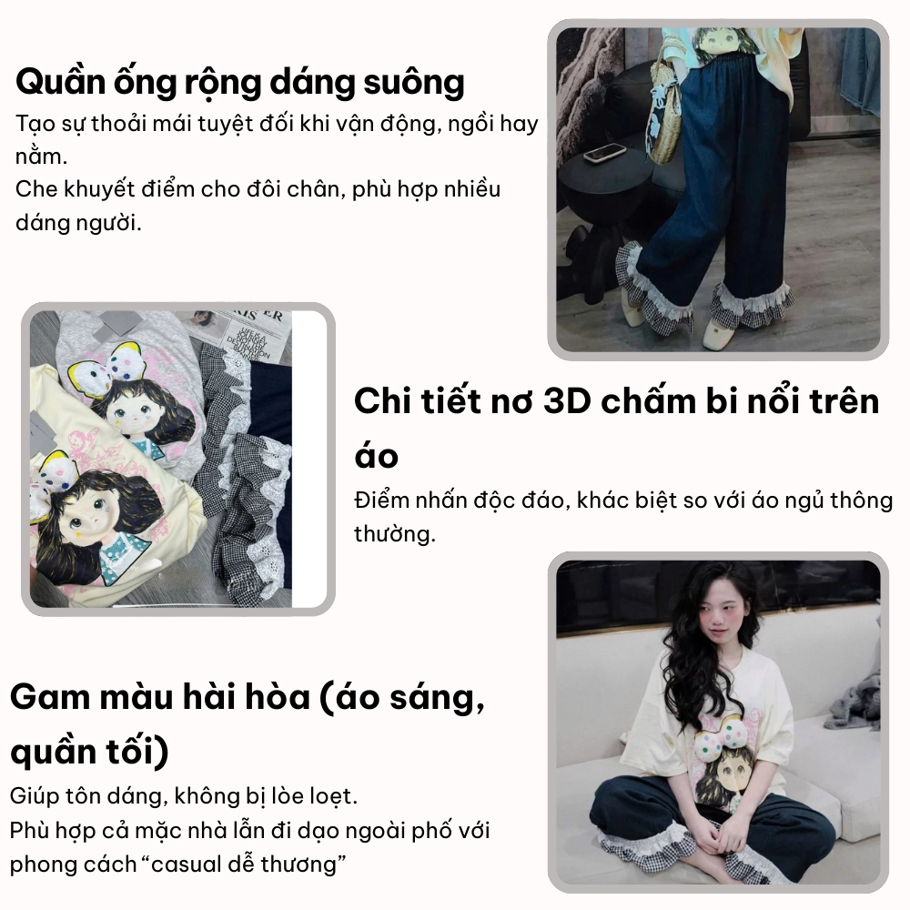 Bộ ngủ cotton nữ cao cấp áo thun in hình cô gái mix quần dài viền bèo caro, bộ pijama nữ mặc nhà dễ thương HCOM25801