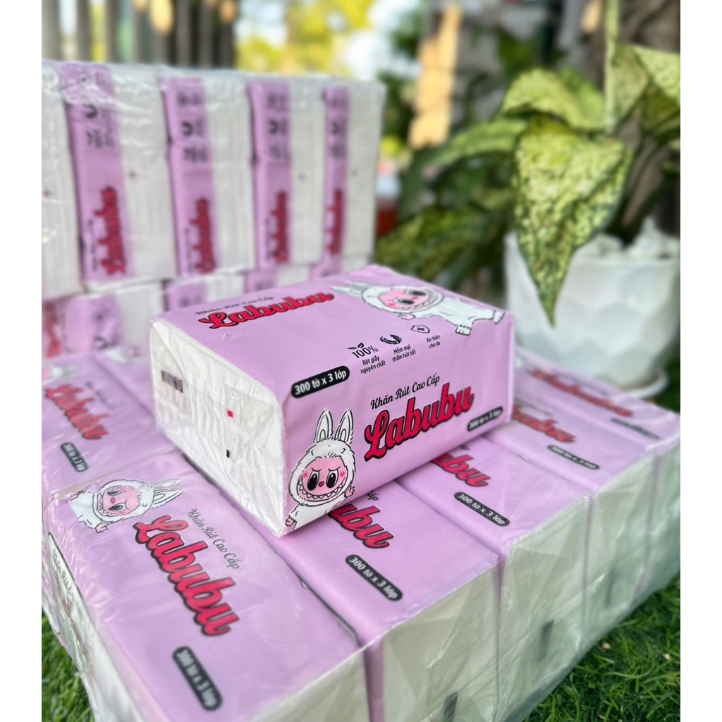 TÚI 10 GÓI KHĂN GIẤY ĂN LABUBU HỒNG 300 TÒ X 3 LỚP
