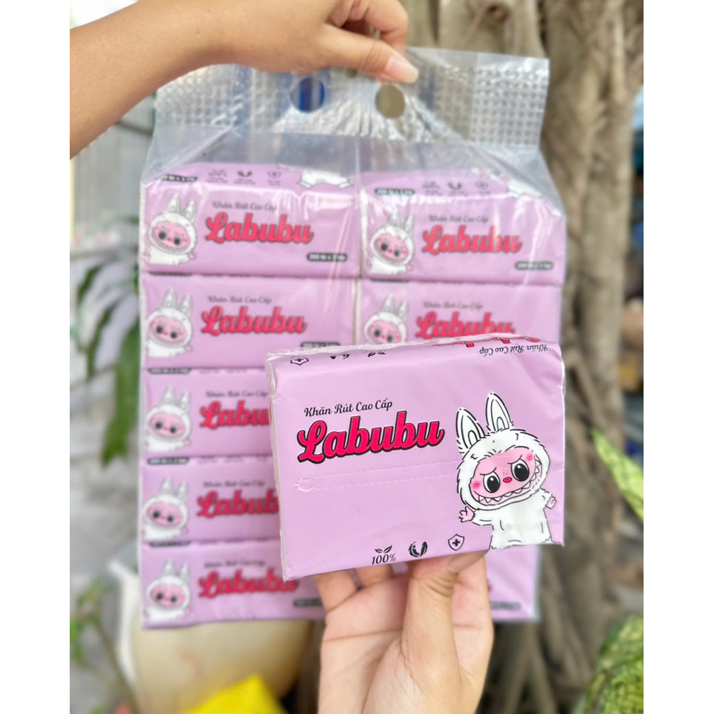 TÚI 10 GÓI KHĂN GIẤY ĂN LABUBU HỒNG 300 TÒ X 3 LỚP