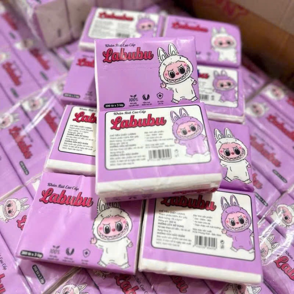 TÚI 10 GÓI KHĂN GIẤY ĂN LABUBU HỒNG 300 TÒ X 3 LỚP