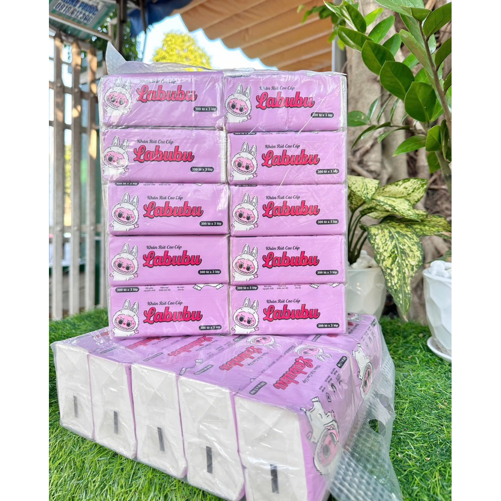 TÚI 10 GÓI KHĂN GIẤY ĂN LABUBU HỒNG 300 TÒ X 3 LỚP