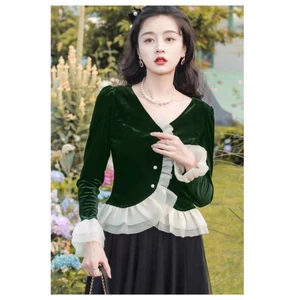Áo nhung phối voan trắng 2 màu xanh- đen A2211