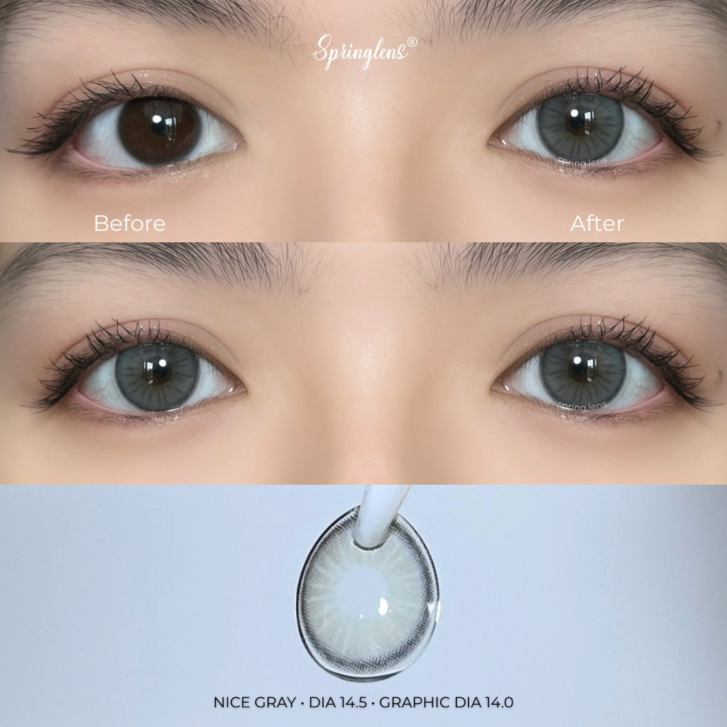 Kính áp tròng xám NICE GRAY tây sáng viền giãn tròng to 1 tháng | Spring Lens