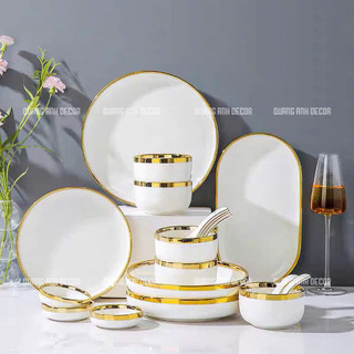 BÁN LẺ | Bộ bát đĩa sứ cao cấp TRẮNG VIỀN VÀNG, bộ bát đĩa 4,6,10 người cấp phong cách Bắc Âu LUXURY TABLEWARE
