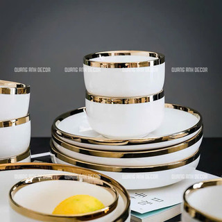 BÁN LẺ | Bộ bát đĩa sứ cao cấp TRẮNG VIỀN VÀNG, bộ bát đĩa 4,6,10 người cấp phong cách Bắc Âu LUXURY TABLEWARE