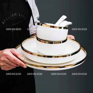 BÁN LẺ | Bộ bát đĩa sứ cao cấp TRẮNG VIỀN VÀNG, bộ bát đĩa 4,6,10 người cấp phong cách Bắc Âu LUXURY TABLEWARE