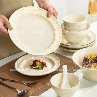 BÁN LẺ | Bộ bát đĩa VÂN NGỌC họa tiết xoáy kẻ chỉ màu kem pastel phong cách Châu Âu sang trọng LUXURY TABLEWARE & DECOR