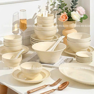 BÁN LẺ | Bộ bát đĩa VÂN NGỌC họa tiết xoáy kẻ chỉ màu kem pastel phong cách Châu Âu sang trọng LUXURY TABLEWARE & DECOR