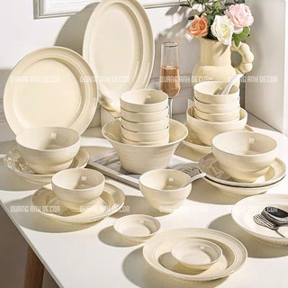 BÁN LẺ | Bộ bát đĩa VÂN NGỌC họa tiết xoáy kẻ chỉ màu kem pastel phong cách Châu Âu sang trọng LUXURY TABLEWARE & DECOR