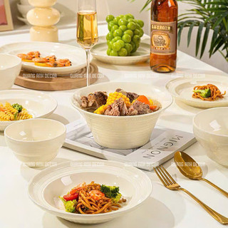 BÁN LẺ | Bộ bát đĩa VÂN NGỌC họa tiết xoáy kẻ chỉ màu kem pastel phong cách Châu Âu sang trọng LUXURY TABLEWARE & DECOR