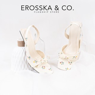 [EROSSKA] - Giày cao gót nữ mũi vuông phối nơ kiểu dáng dễ thương cao 7cm màu kem hoa nhí - EM150