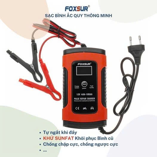 Sạc Bình Ắc Quy 12V 4Ah-100Ah FOXSUR Tự Ngắt Khi Đầy Bảo Dưỡng Phục Hồi  Ác Quy Khử Sunfat