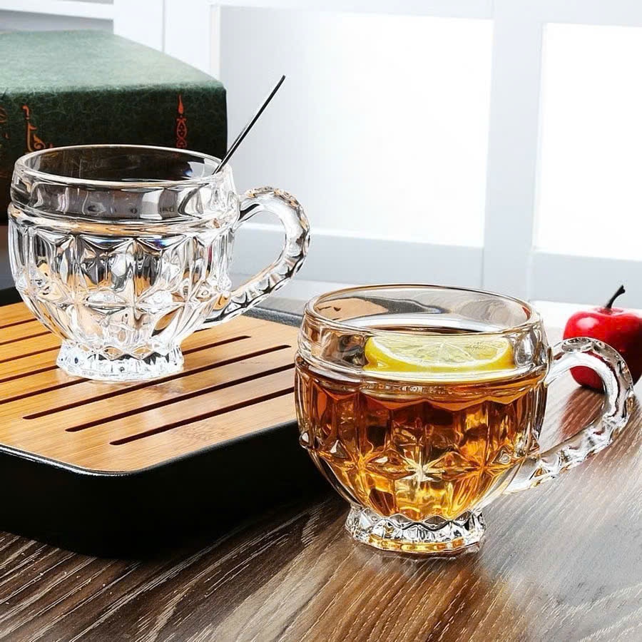 Ly Thủy Tinh Có Quai Vân Kim Cương - Cốc Thủy Tinh Uống Trà