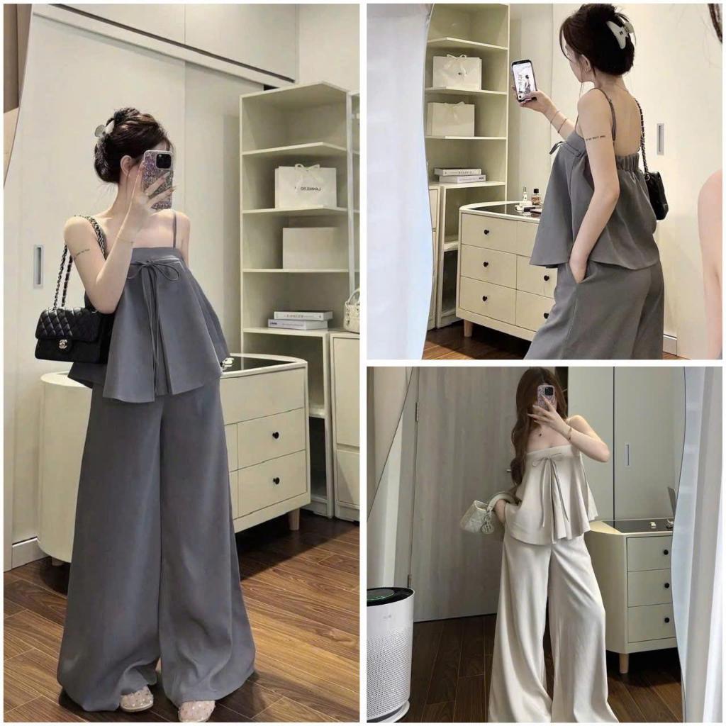 Sét bộ áo dây tùng babydoll nơ dây phối quần ống rộng trẻ trung hack dáng_SBNT_793