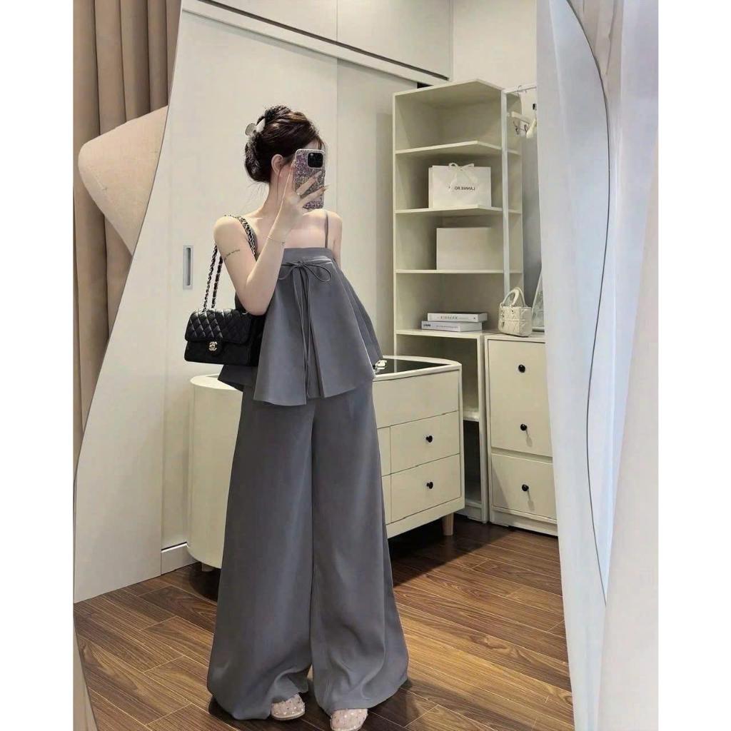 Sét bộ áo dây tùng babydoll nơ dây phối quần ống rộng trẻ trung hack dáng_SBNT_793
