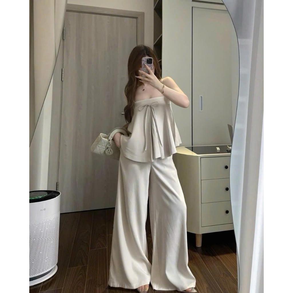 Sét bộ áo dây tùng babydoll nơ dây phối quần ống rộng trẻ trung hack dáng_SBNT_793