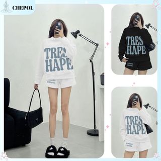 Set Bộ Nỉ Nữ Thu Đông CHEPOL Cổ Tròn, In Chữ To (Áo Sweater Đen + Quần Đùi Đen) Chất Nỉ Chân Cua Cao Cấp, Dày Dặn -CPN92