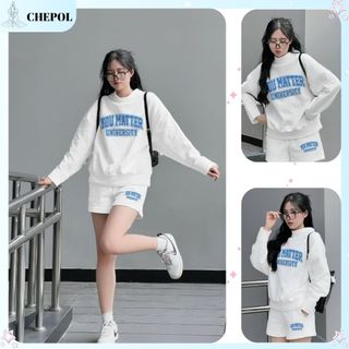 Set Bộ Nỉ Nữ Thu Đông CHEPOL Cổ Tròn, In Chữ (Áo Sweater Trắng + Quần Đùi Trắng) Chất Nỉ Chân Cua Cao Cấp, Dày Dặn-CPN82