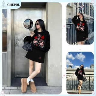 Set Bộ Nỉ Nữ Thu Đông CHEPOL Cổ Tròn, In Trái Tim, Chất Nỉ Chân Cua Cao Cấp ( Áo Sweater Đen + Chân Váy Đen ) - CP_xxx28