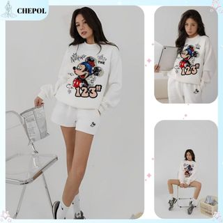 Set Bộ Nỉ Nữ Thu Đông CHEPOL In Mickey 123 ( Áo Sweater Trắng + Quần Đùi Trắng ) Chất Nỉ Chân Cua Cao Cấp, Dày Dặn-CPN08