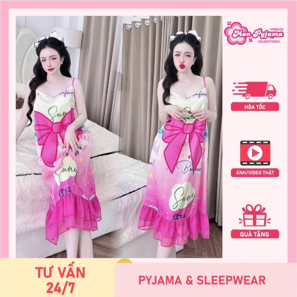 Đầm ngủ dễ thương,váy ngủ lụa dài đáng yêu,đồ ngủ lụa latin cao cấp hai dây mịn mát dành cho nữ [06]