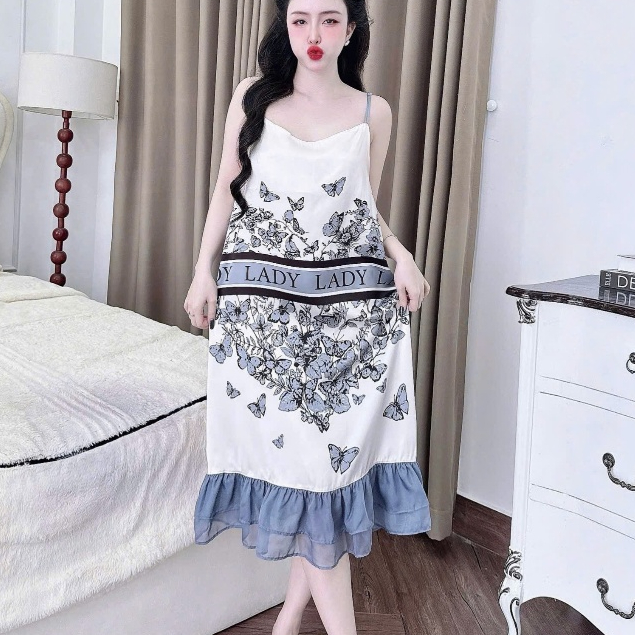 Đầm ngủ dễ thương,váy ngủ lụa dài đáng yêu,đồ ngủ lụa latin cao cấp hai dây mịn mát dành cho nữ [06]