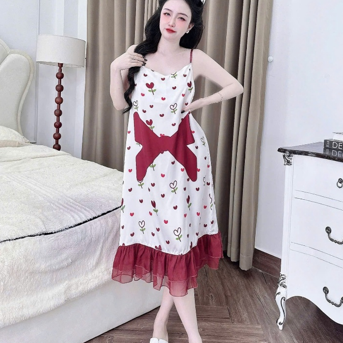 Đầm ngủ dễ thương,váy ngủ lụa dài đáng yêu,đồ ngủ lụa latin cao cấp hai dây mịn mát dành cho nữ [06]