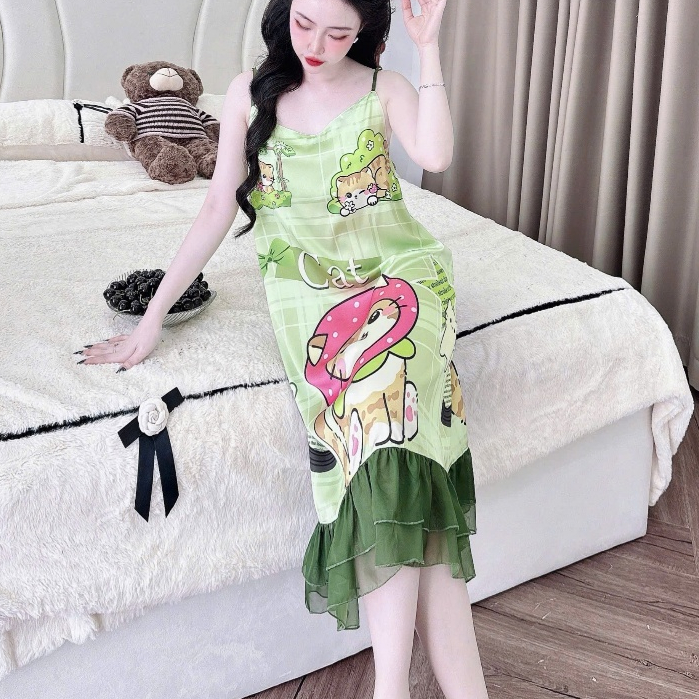Đầm ngủ dễ thương,váy ngủ lụa dài đáng yêu,đồ ngủ lụa latin cao cấp hai dây mịn mát dành cho nữ [06]