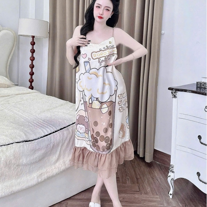 Đầm ngủ dễ thương,váy ngủ lụa dài đáng yêu,đồ ngủ lụa latin cao cấp hai dây mịn mát dành cho nữ [06]