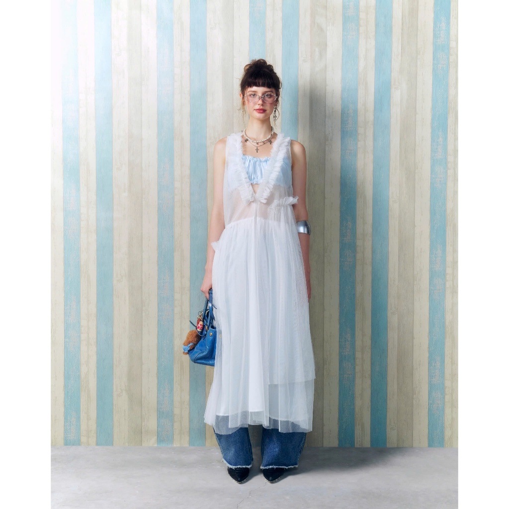Luna Dress - Remmus | Đầm yếm maxi lưới cổ V ruffle nàng thơ