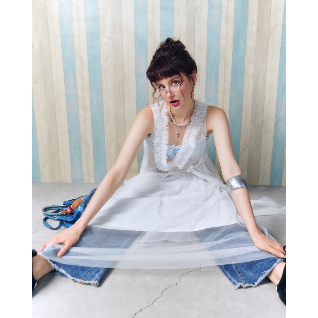 Luna Dress - Remmus | Đầm yếm maxi lưới cổ V ruffle nàng thơ