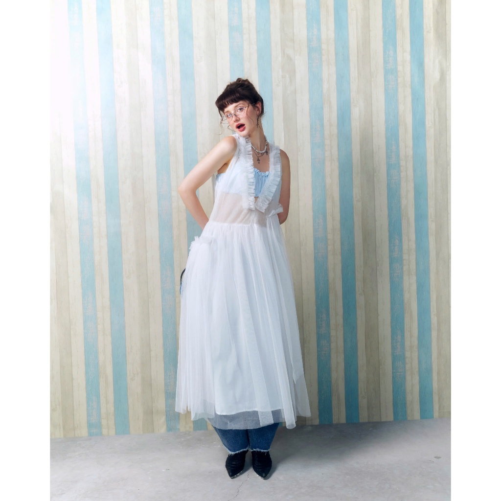 Luna Dress - Remmus | Đầm yếm maxi lưới cổ V ruffle nàng thơ
