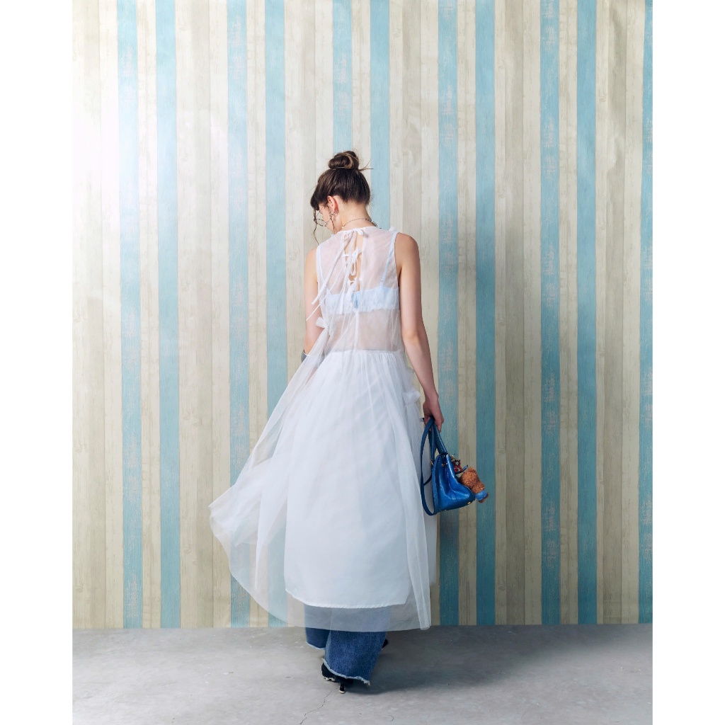 Luna Dress - Remmus | Đầm yếm maxi lưới cổ V ruffle nàng thơ