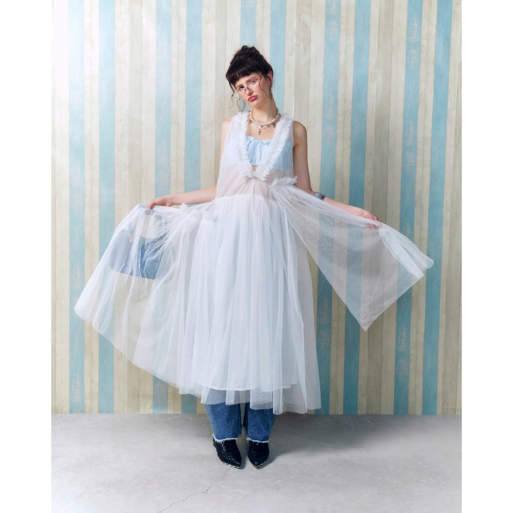 Luna Dress - Remmus | Đầm yếm maxi lưới cổ V ruffle nàng thơ