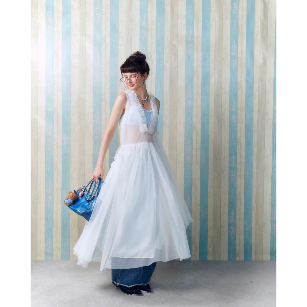 Luna Dress - Remmus | Đầm yếm maxi lưới cổ V ruffle nàng thơ