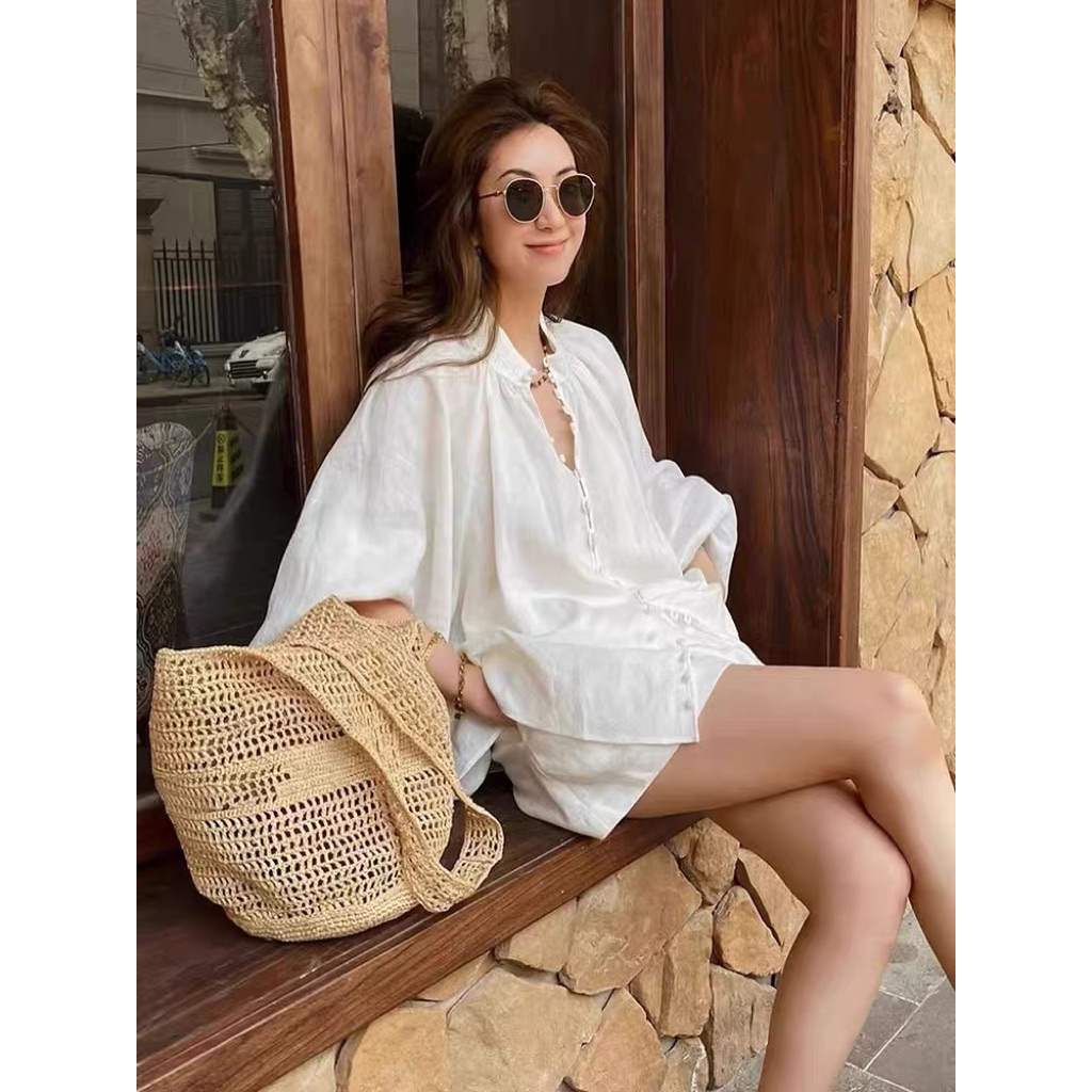 𝗞𝗮𝗻𝗲 - Set Linen Tưng vân gỗ tay phồng nút bọc cổ trụ